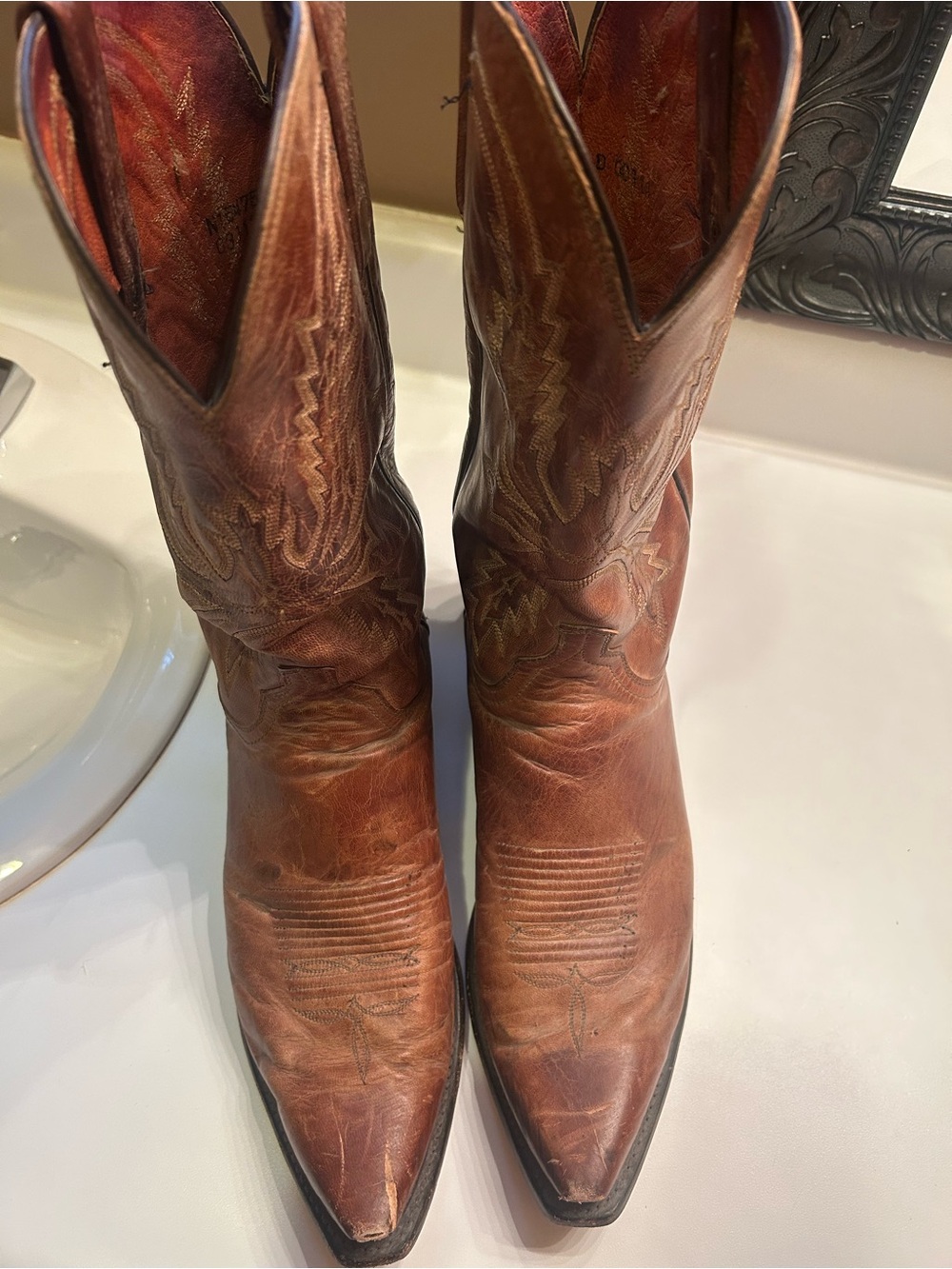 Lucchese Distressed Brown Leather Cowboy Boots - Picture 2 of 6
